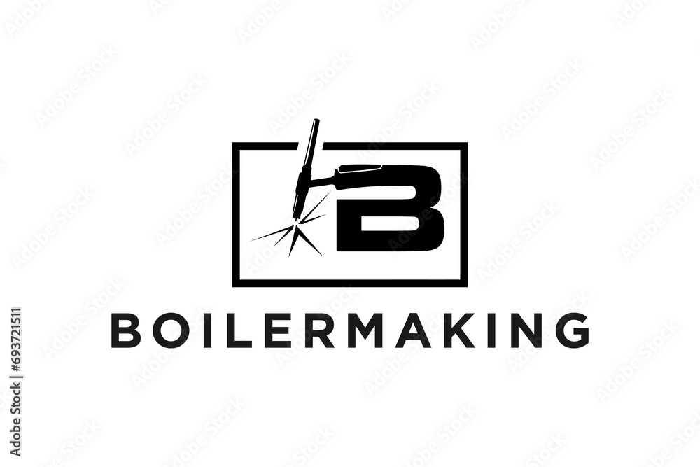 Welding industrial fabrication logo design, with the initial letter B welding handle and burning electrode.