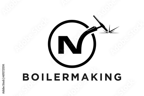 Welding industrial fabrication logo design, with the initial letter N welding handle and burning electrode.