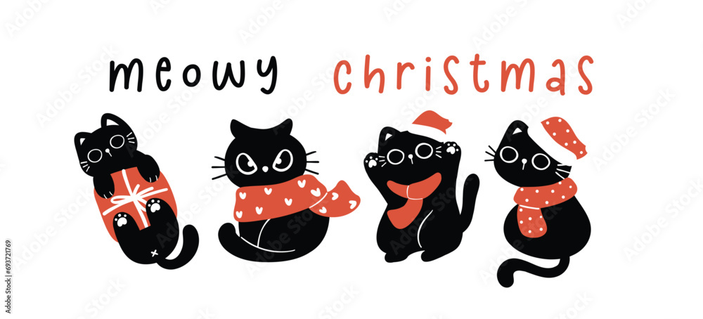 Cute Christmas Black Cat, humor greeting card banner, Funny and Playful Cartoon Illustration.