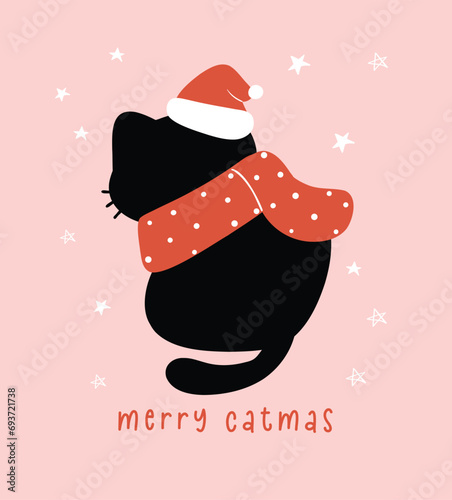 Cute Christmas Black Cat, merry catmas, humour greeting card, Funny and Playful Cartoon Illustration.
