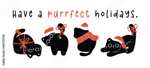 Cute Christmas Black Cat, humor greeting card banner, Funny and Playful Cartoon Illustration.