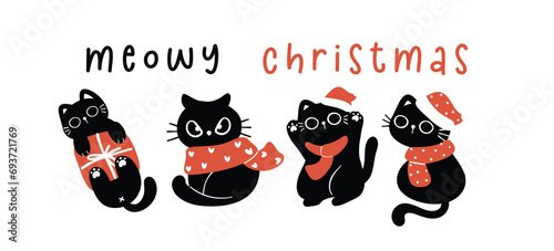 Fototapeta Naklejka Na Ścianę i Meble -  Cute Christmas Black Cat, humor greeting card banner, Funny and Playful Cartoon Illustration.