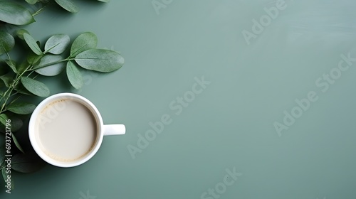 Aesthetics minimal workspace with paper notebooks, coffee cup, eucalyptus leaves on green tableFlat lay, top view photo