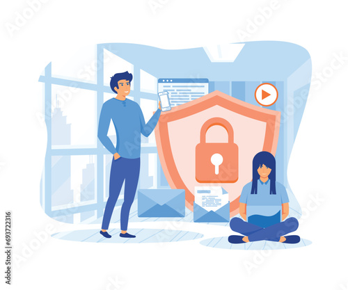 Man and woman protecting personal data. Security and protection of confidential data, Internet security. Social media. flat vector modern illustration flat vector modern illustration