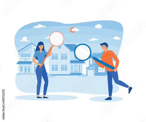  Real estate search. Buying property concept, people group looking home on market. Buy or rent house online. flat vector modern illustration 