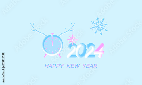 Happy New Year 2024. 3D numbers  a clock with antlers and a snowflake on a blue background. Cartoon design  postcard  welcome banner.
