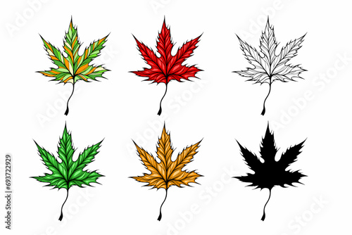 Abstract of color maple leaf set, silhouette isolated on white background