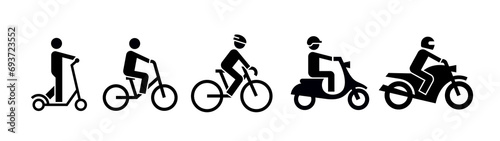 Two wheeled vehicles and riders icon set. Kick scooter, bicycles, motorcycles.