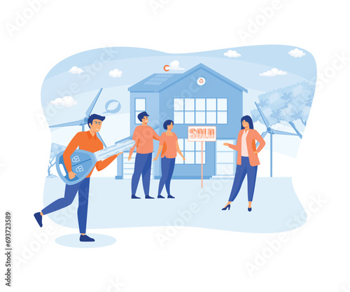 Eco House Concept with Happy People Buying a new House. Real Estate Agent with Clients and Keys. Ecology of Green Energy, Solar and Wind Power. flat vector modern illustration
