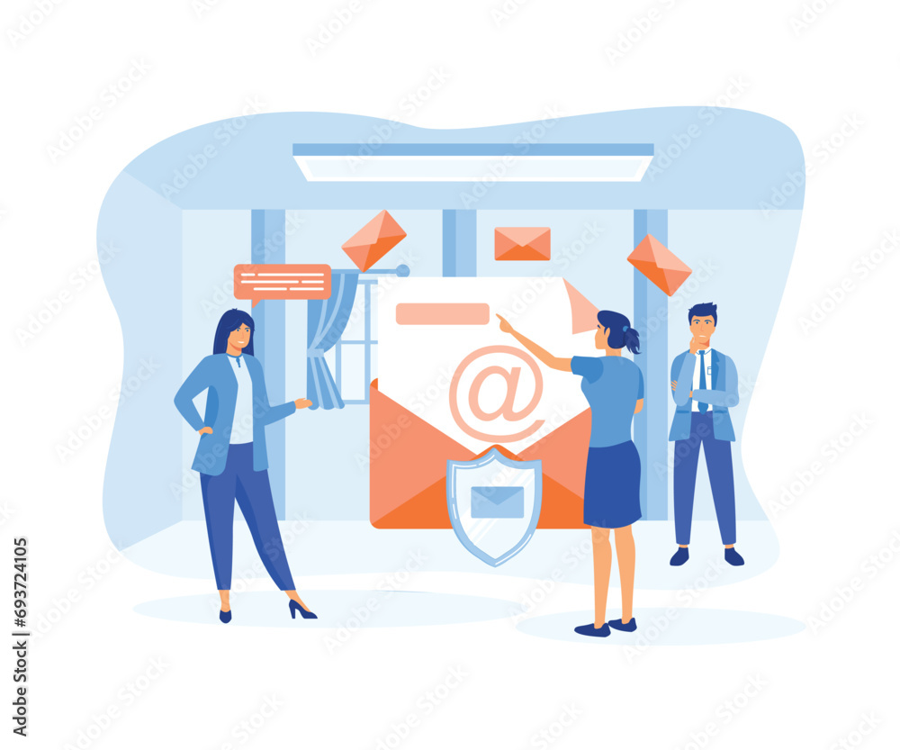 People standing near big envelope, letter, shield. Poster for social media, web page, banner, presentation. flat vector modern illustration People standing near big envelope, letter, shield. Poster for social media, web page, banner, presentation. flat vector modern illustration
