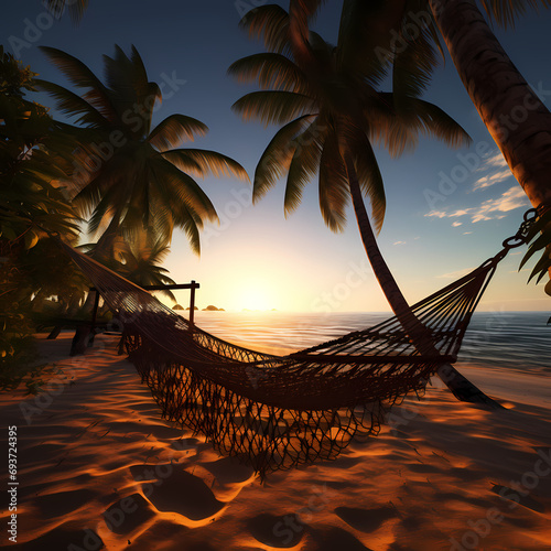 A hammock gently swaying between two palm trees on a secluded tropical beach © Cao