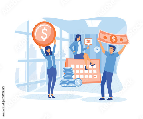 Salary Payment Concept, Showing a group of people celebrating salary payment day. flat vector modern illustration 