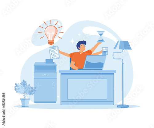 Time Management Planning and Scheduling Concept. Men in Workplace with Multitasking Work. flat vector modern illustration 