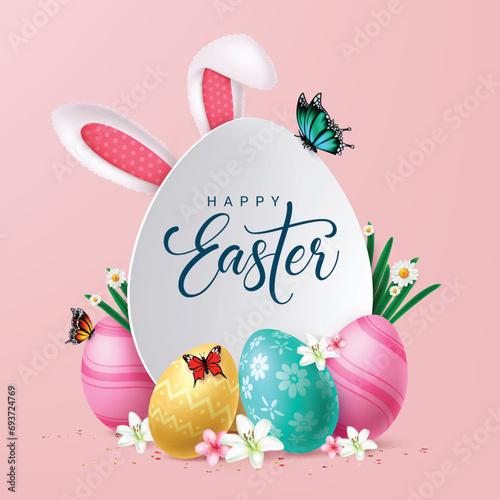 Happy easter text vector template. Happy easter greeting card with egg board space for typography, bunny ears and colorful eggs for kids fun hunt celebration concept. Vector illustration eater egg 