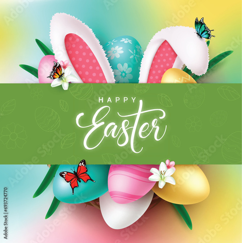 Happy easter text vector template design. Happy easter greeting text in green space with bunny ears and color pastel eggs decoration elements for kids fun hunt celebration. Vector illustration easter 