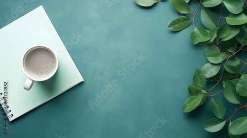 Aesthetics minimal workspace with paper notebooks, coffee cup, eucalyptus leaves on green tableFlat lay, top view photo