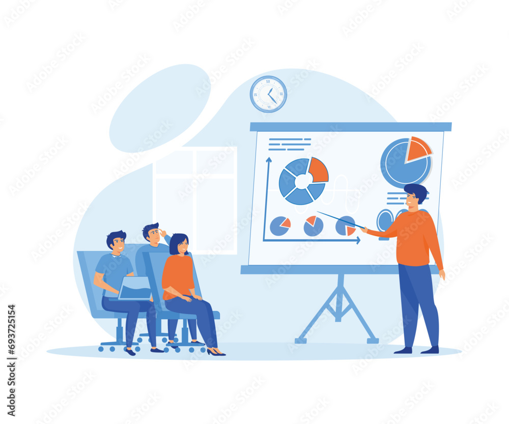 Business seminar female speaker doing presentation and professional training about marketing, sales and e-commerce. flat vector modern illustration 