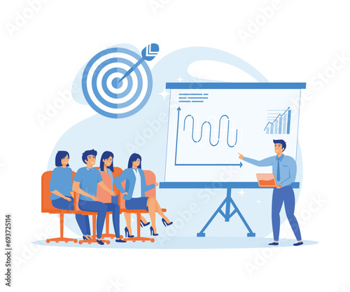 Business seminar speakers conduct professional presentations and training on marketing, sales and e-commerce. flat vector modern illustration 