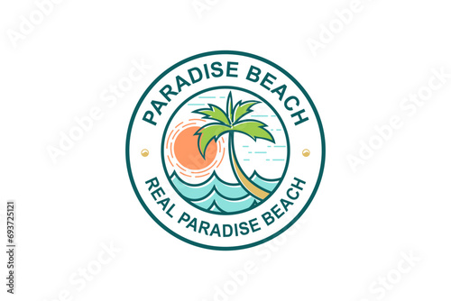 Palm or coconut plant tree logo on the beach at sunset. Nature outdoor icon illustration.