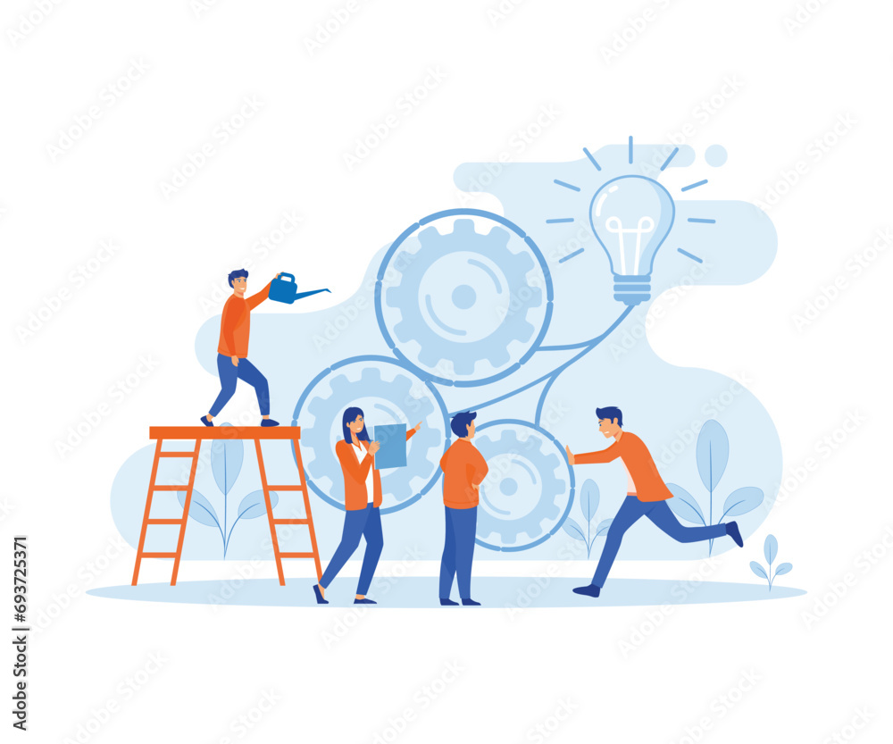 Teamwork on finding new ideas, little people launch a mechanism, search for new solutions.flat vector modern illustration Teamwork on finding new ideas, little people launch a mechanism, search for new solutions.flat vector modern illustration