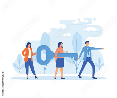 Teamwork concept. Businessman and entrepreneur go to door with key. flat vector modern illustration 