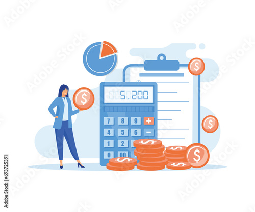  Woman with calculator counting, thinking about profit. Economic audit, financial analysis, tax accounting, bill payment. flat vector modern illustration 