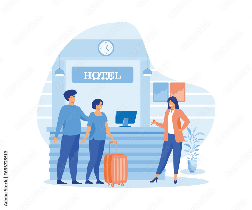 Hotel scene with couple checking in. Man and woman at reception with luggage, receptionist gives room key. flat vector modern illustration 