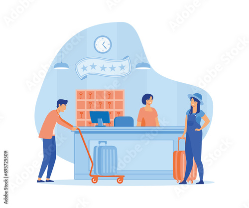 Woman with suitcase standing at reception desk. Check in to the hotel. flat vector modern illustration 