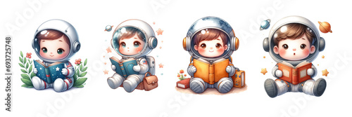 cute baby astronaut reading book water color isolated background © JimzStd