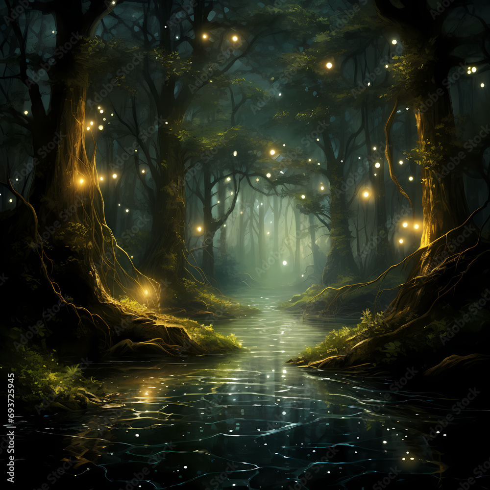 Mysterious forest illuminated by the soft glow of magical fireflies.