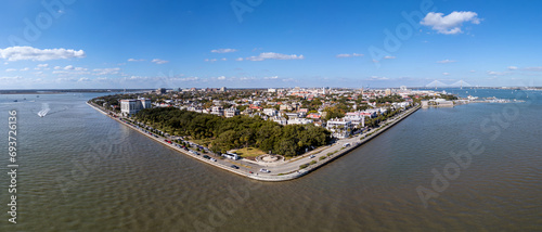 Aerial wide panoramic view of downtown Charleston, South Carolina, USA. November 18, 2023.  photo