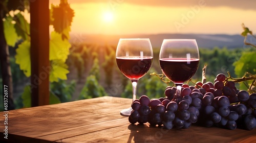 Banner glasses of red wine with grape on wooden table background sunset vineyard farm