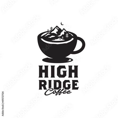 high ride mountain in coffee cup for drink and cafe company logo design
