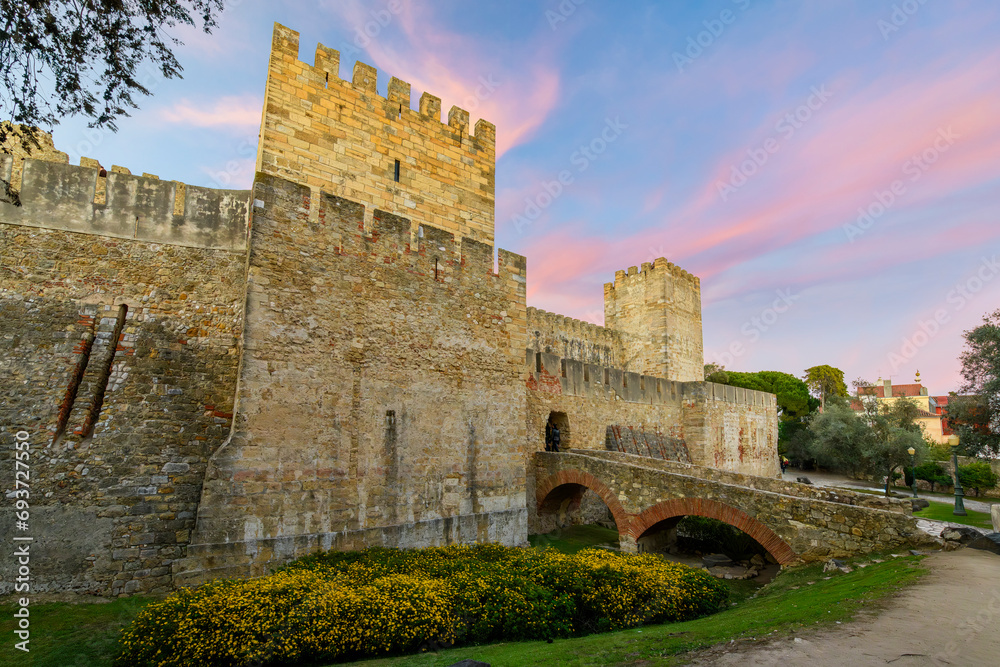 St. George's Castle, or Castelo de São Jorge, a hilltop fortification in the Alfama district overlooking Lisbon, Portugal.