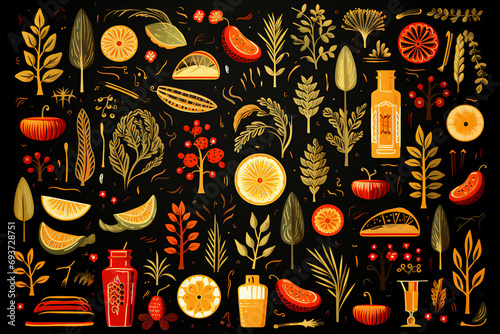 Pattern with herbs, spices and kombucha on black background