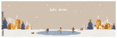 Minimal winter chistmas town.Blue and yellow brown color background.