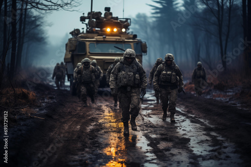 Military patrol car and soldiers ready to attack at dusk. Army war concept photo