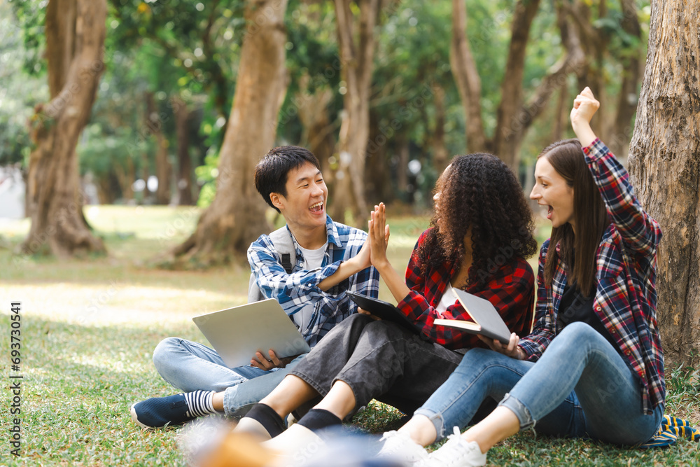 Group of young interracial diverse university students chatting together outside, engaging in a discussion together, college campus, enjoying campus recreation. Happy friends Group of young interracial diverse university students chatting together outside, engaging in a discussion together, college campus, enjoying campus recreation. Happy friends