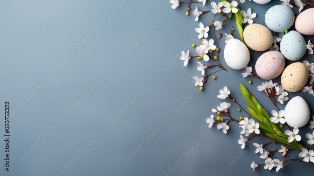 Easter eggs and spring flowers on blue background. Happy Easter concept.