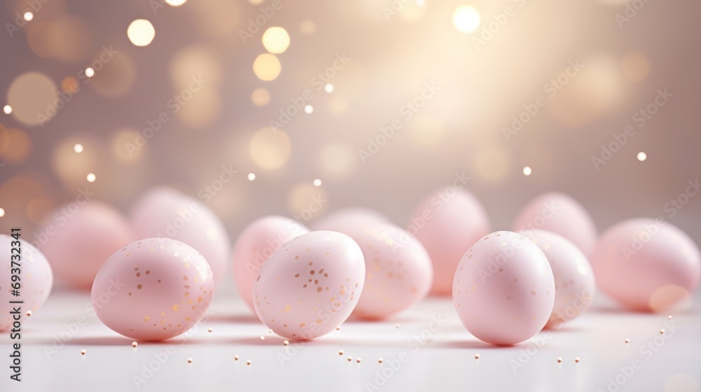 Fototapeta premium Easter background with pink eggs and golden bokeh lights.