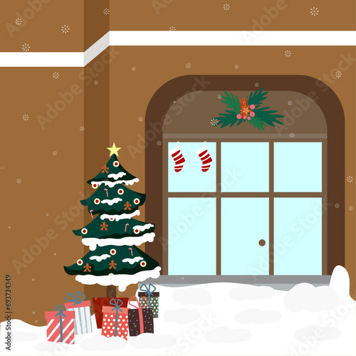 European house facade, Christmas decoration