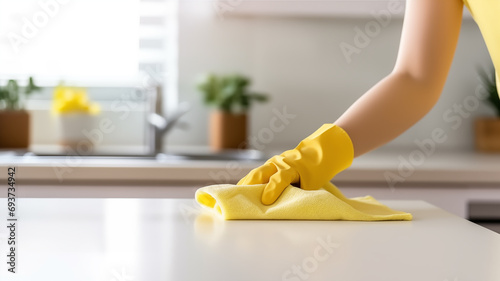 Woman's hands in yellow protective rubber gloves cleaning kitchen table, wiping with microfiber cloth. Cleaning home, housekeeping concept with copy space for text photo
