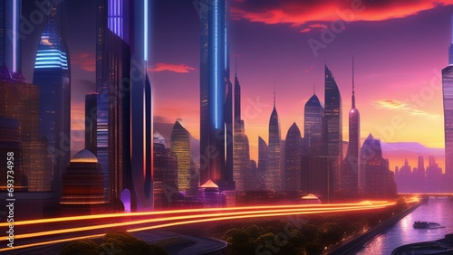  Create a vibrant and futuristic cityscape at dusk  featuring sleek skyscrapers illuminated by neon lights and a bustling atmosphere. Show flying vehicles zipping through the sky and hints of advanced
