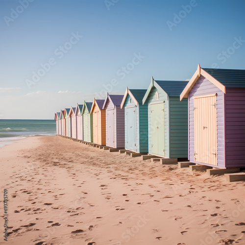 Row of beach huts painted in pastel colors along a sandy shore.