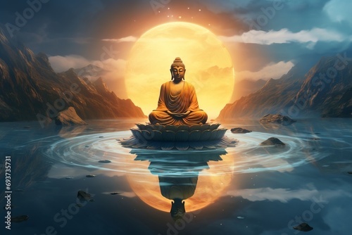 meditating buddha at sunset © Chawakorn