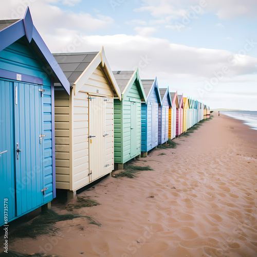 Row of beach huts painted in cheerful pastel colors. © Cao