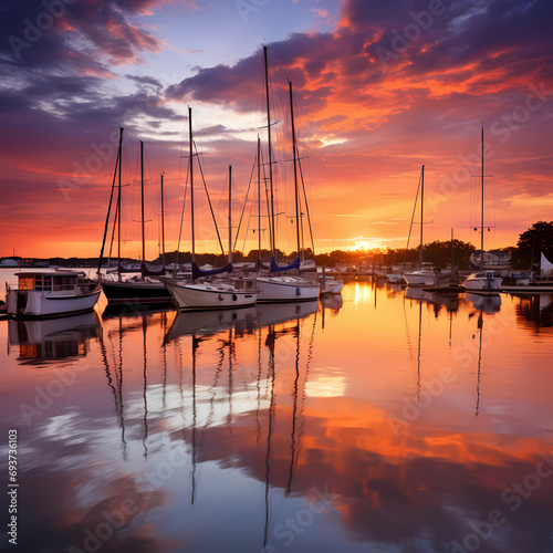 Sailboats anchored in a peaceful harbor with a sunset backdrop. © Cao