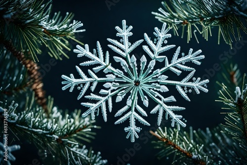 A close-up of a snowflake on a pine needle.