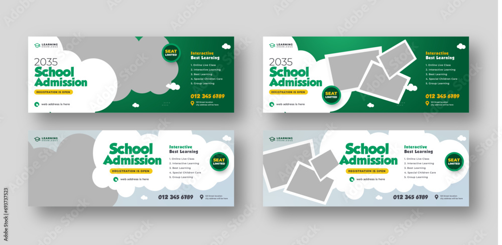 School Admission social media facebook cover set, Education web banner template bundle - obrazy, fototapety, plakaty 