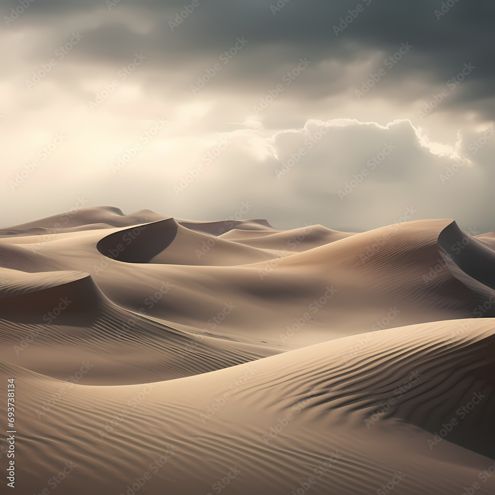 Surreal desert landscape with sand dunes shaped by the wind.